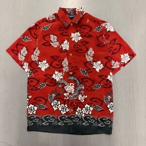Sideout Mens Large Red Dragon Floral Tribal Print Button Down Shirt Y2K Retro‎